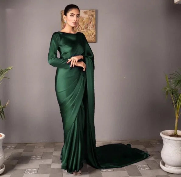 Stitched Long Pallu Silk Saree With Blouse,Petticoat (6 Colours)